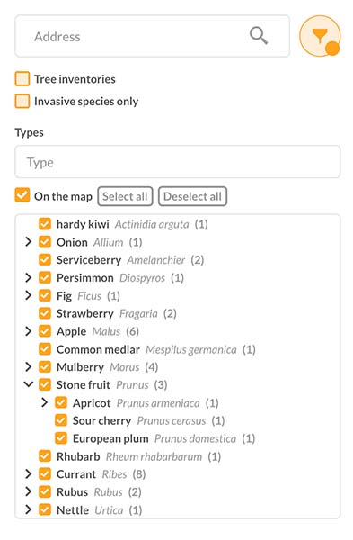 Screenshot of the beta website: location and type filters