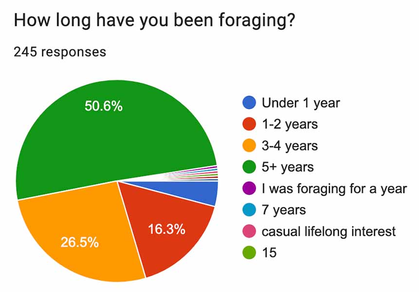 Screenshot of a pie chart of responses to the question 'how long have you been foraging?'