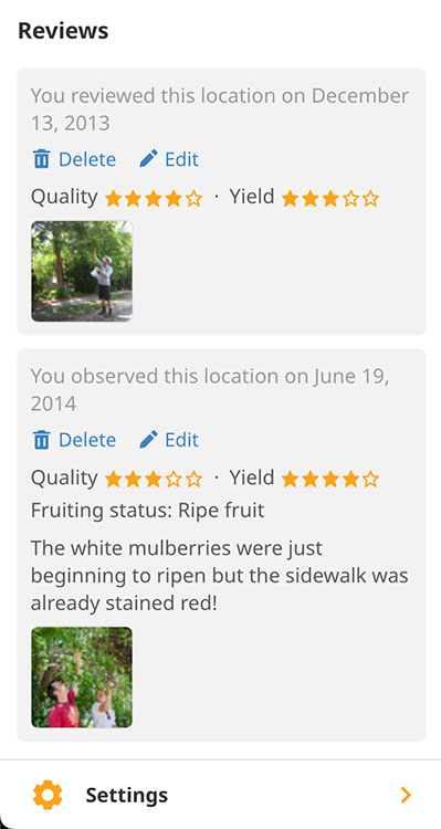 Screenshot of location reviews